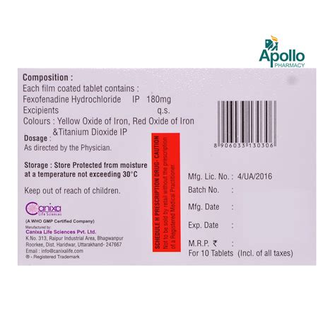 Fenixa-180mg Tablet 10's Price, Uses, Side Effects, Composition ...