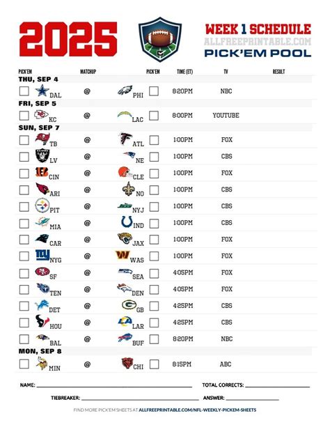 NFL Week 1 Pick'em Sheet 2025 - Free Printable