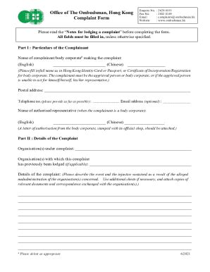 Fillable Online Office of The Ombudsman, Hong Kong Complaint Form Email ...