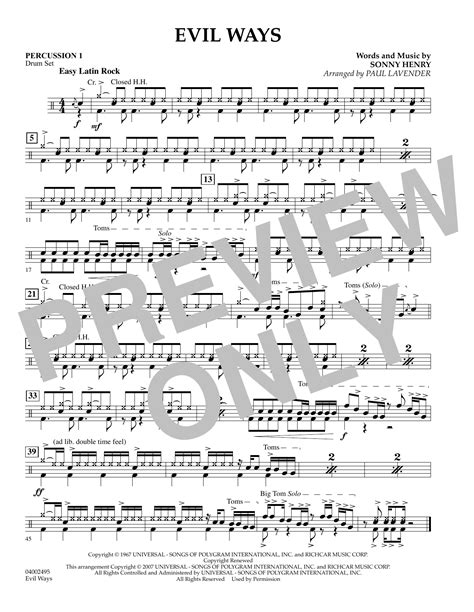 Evil Ways - Percussion 1 by Paul Lavender Sheet Music for Concert Band ...