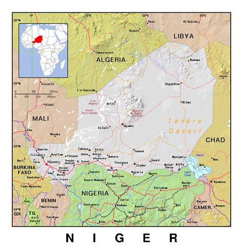 Detailed political map of Niger with relief | Niger | Africa | Mapsland | Maps of the World