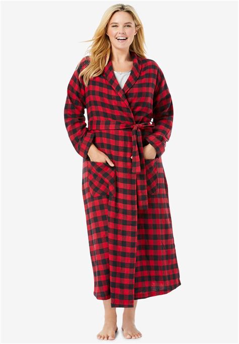 Women's Long Cotton Flannel Robe with Pockets, Red Buffalo Check ...