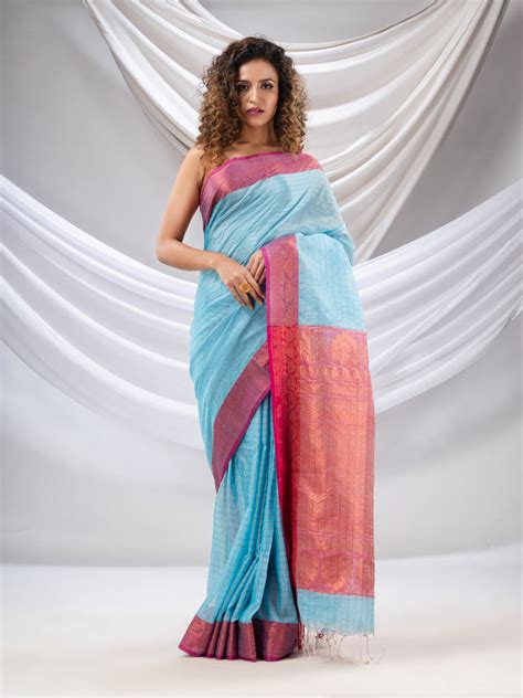 Sky Blue Silk Matka Soft Saree With Checked Pattern – Charukriti