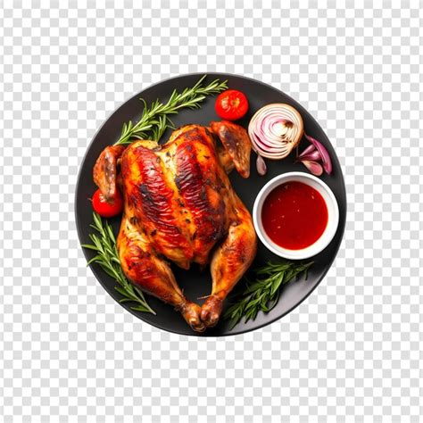 Grilled chicken or roasted bbq with spices and tomato on plate top view ...