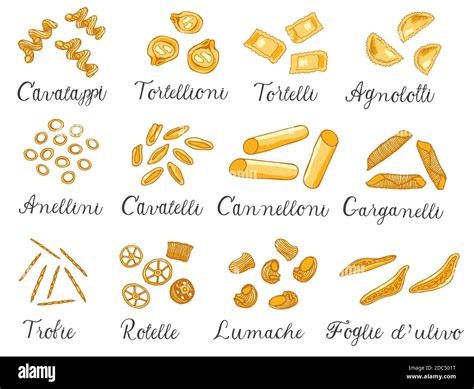 Hand drawn large set of different types of Italian pasta with names ...