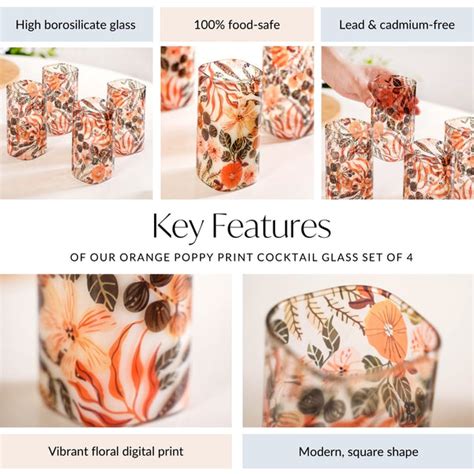 Orange Poppy Print Cocktail Glass Set Of 4 340ml Online - Premium ...