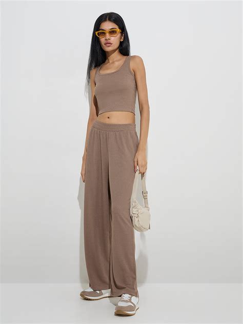 Buy Studiofit Taupe Waffle-Textured High-Rise Track Pants from Westside