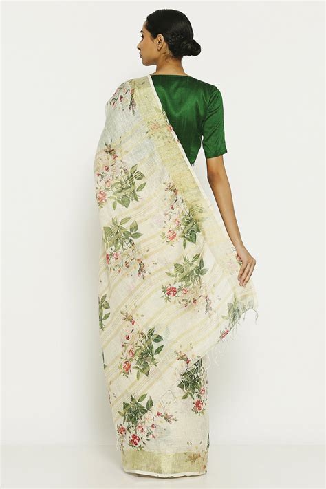 Off White Linen Floral Saree – Via East