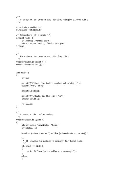 Singly Linked List Program in C 的图像结果