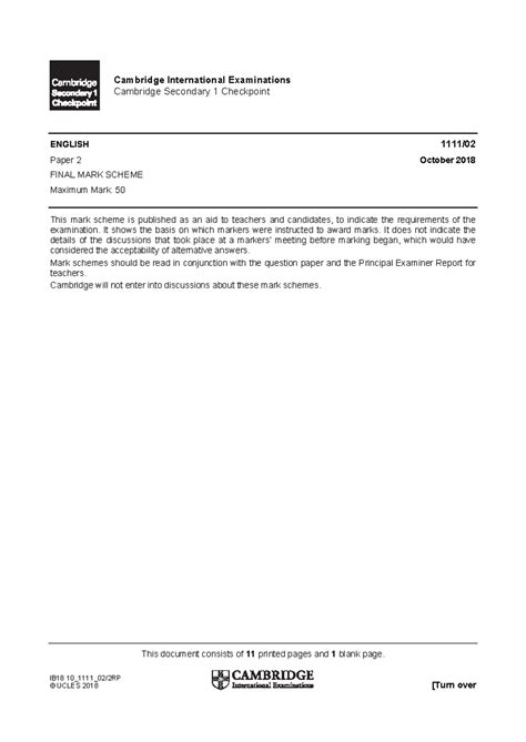 English 1111/ Final Paper 2 Mark Scheme, Oct 2018 - Studocu