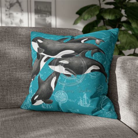 Orca Whales Pod Family Vintage Map Teal Watercolor Art Spun Polyester ...