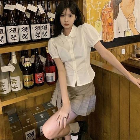 Ecokauer Korean POLO Collar Short -Sleeved White Blouse Slim Shirt Crop ...