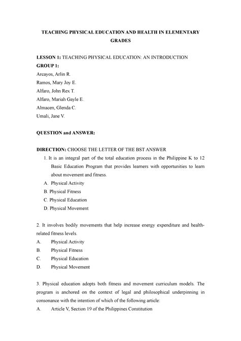 Group 1 Question and Answer Teaching PE and Health - TEACHING PHYSICAL EDUCATION AND HEALTH IN ... - process of teaching pe and health education