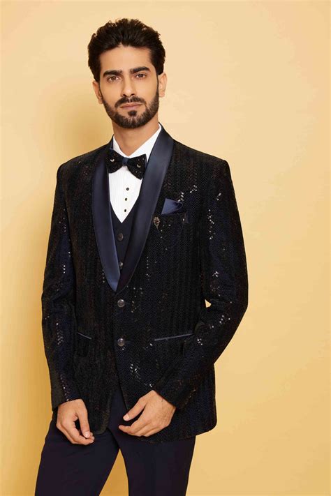 Heavily Sequined Navy Blue Blazer Set – Karveer Creation