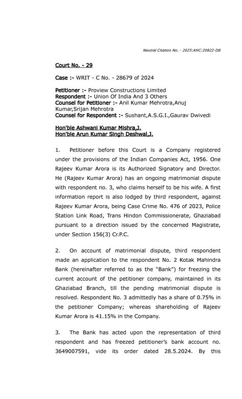 Allahabad High Court Writ C No. 28679/2024: Bank Account Freezing ...