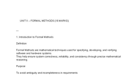 UNIT II Formal Methods - Detailed Notes (16 Marks) - Studocu