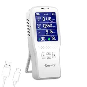 Rushly 5-in-1 Indoor Air Quality Monitor (NDIR CO2 Sensor) – Detects ...