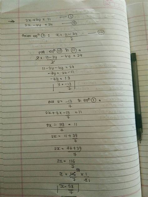 Solve 2x+3y=11 and 2x-4y=24 find m where y=mx+3 by substitution method ...