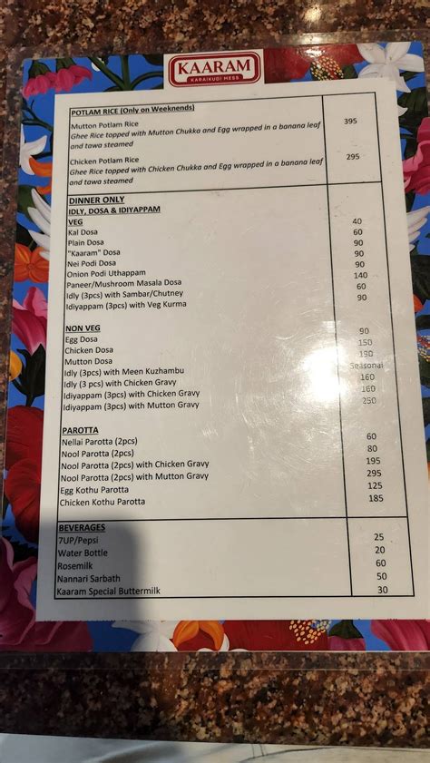 Menu at Kaaram Karaikudi Mess, Chennai