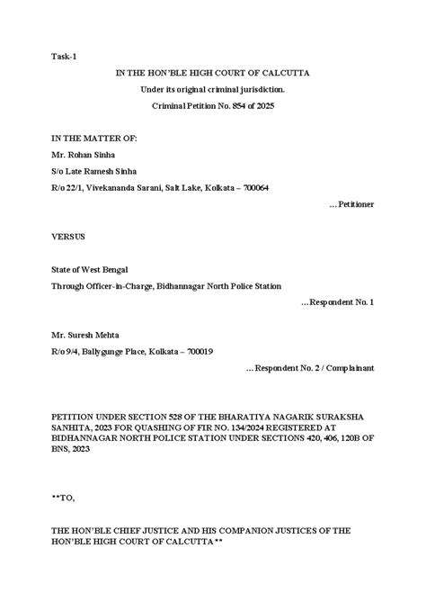 Criminal Petition No. 854/2025: Quashing FIR Under BNS, 2023 - Studocu