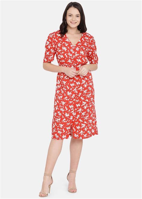 Get V-Neck Red Floral Printed Button Down Dress at ₹ 1494 | LBB Shop