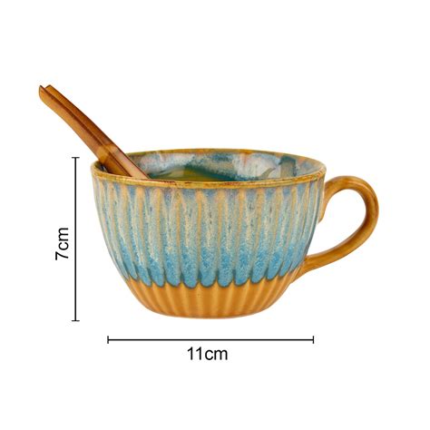 Studio Pottery Hand Glazed Dual Tone Ceramic Soup Cup with Spoon (300 ...