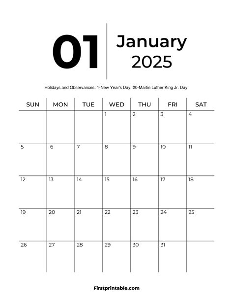 Free Printable Printable January 2025 Calendar
