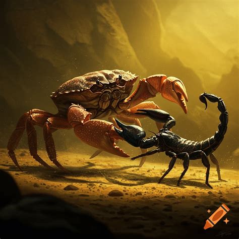 A crab and a scorpion face off in a sandy, illuminated arena. on Craiyon