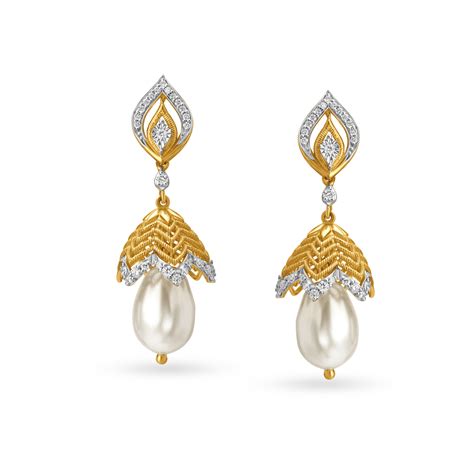 Leaflike Gold and Diamond Studded Jhumkas