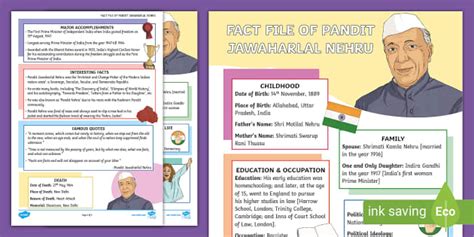 Pandit Jawaharlal Nehru Fact File Sheet