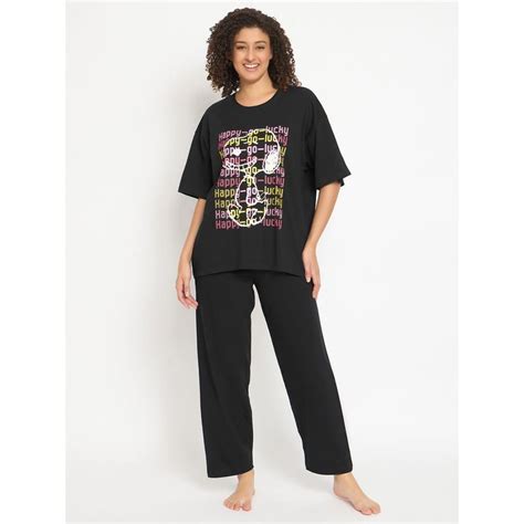 Buy Clovia Cotton Graphic T-Shirt & Pyjama Black (Set of 2) Online