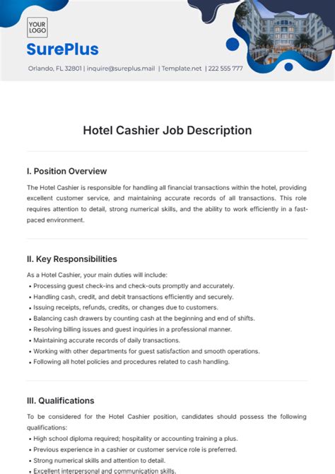 Free Hotel Cashier Job Description Template to Edit Online