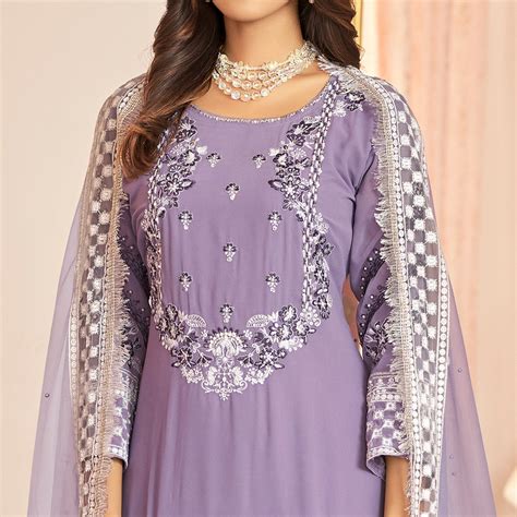 Light Purple Floral Sequins Embroidered Georgette Semi Stitched Pakist