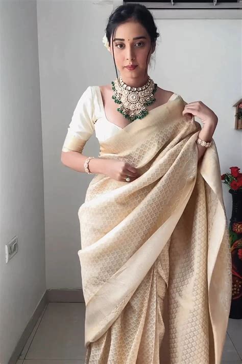 One Minute Ready To Wear Beige Silk Saree || Rooprekha – rooprekha