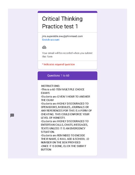 Critical Thinking Practice test 1 - Questions 1 to 60 INSTRUCTIONS: -This is a 60 ITEM MULTIPLE ...