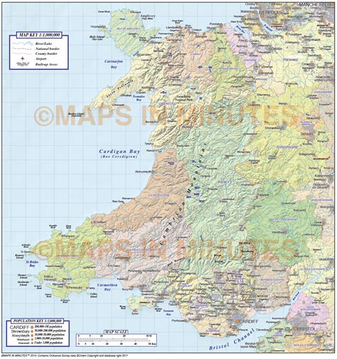 Wales County map with Hill shading @1,000,000 scale