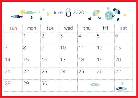 2020年6月横型の「雨と傘：梅雨」デザインカレンダー | 💗無料ダウンロード「かわいい」雛形・テンプレート素材