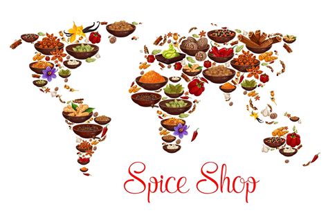 Spices and herbs on vector world map | Premium Vector