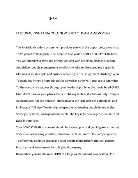 IHRM 100 Day Plan Assignment: Strategies for New CHRO Success - Studocu
