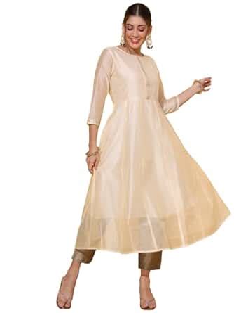 Buy DECKEDUP Women's Embellished Calf Length Anarkali Kurta Cream at Amazon.in