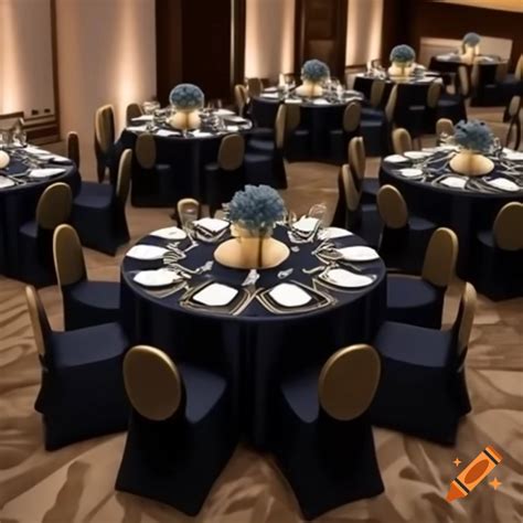 Large event setup with round tables in black, gold, and navy blue ...