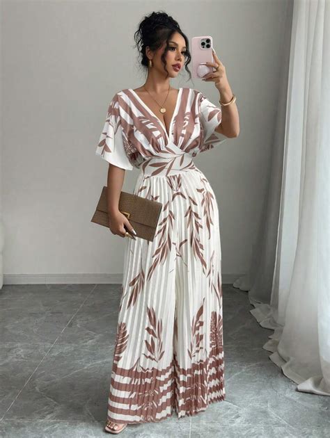 Elenzga Women's Branch Print Deep V-Neck Batwing Sleeve Plisse Jumpsuit ...