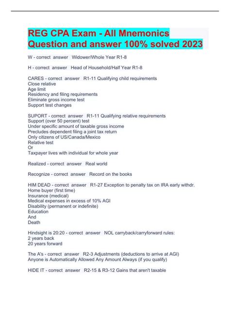 REG CPA Exam - All Mnemonics Question and answer 100% solved 2023 - REG ...