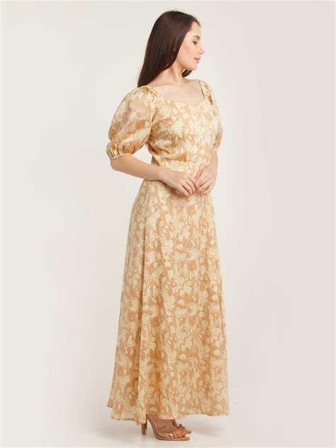 Peach Printed Puff Sleeve Maxi Dress For Women – Zink London