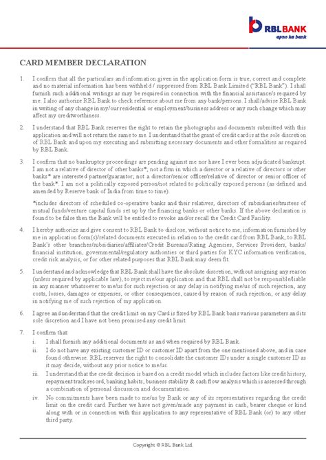 Credit card member declaration - Copyright © RBL Bank Ltd. I confirm ...