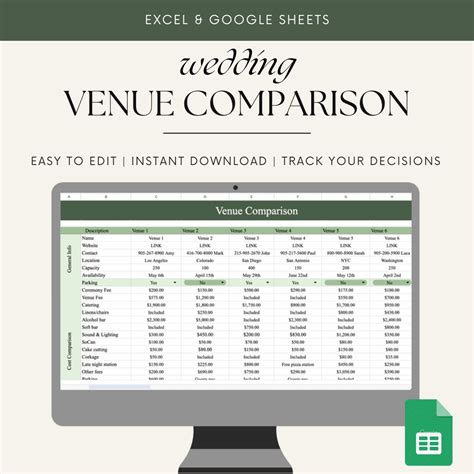 Wedding Venue Comparison Spreadsheet | Wedding Planner Google Sheets ...