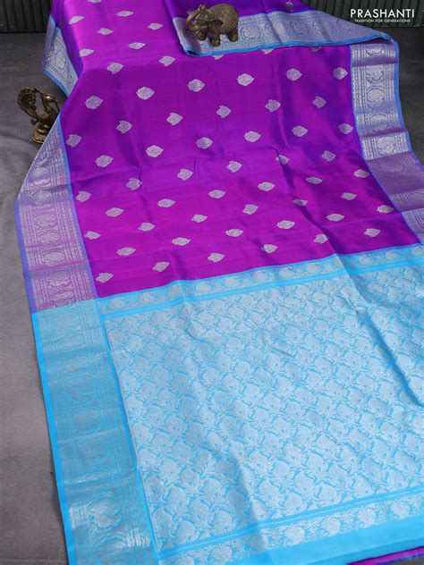 Venkatagiri silk saree purple and light blue with silver zari woven bu ...