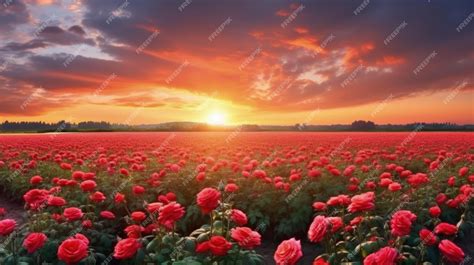 Premium Photo | Red rose field in sunrise morning with beautiful sky