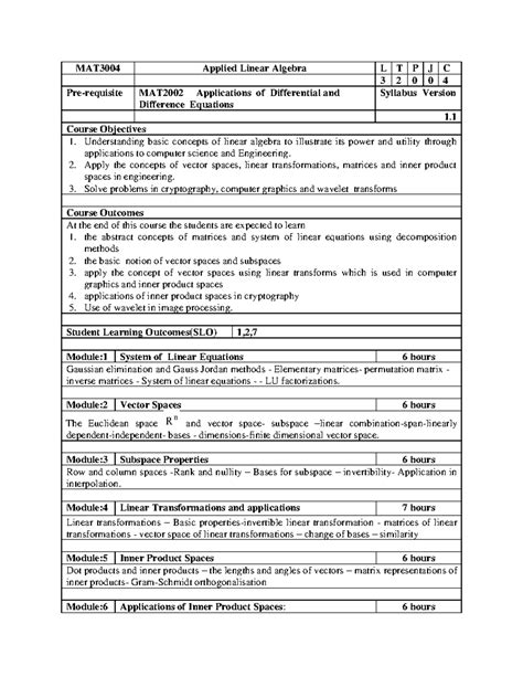 Syllabus - MAT 3004 Applied Linear Algebra L T P J C 3 2 0 0 4 Pre ...