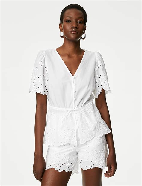 Buy Pure Cotton Broderie V-Neck Tie Front Blouse at Marks & Spencer